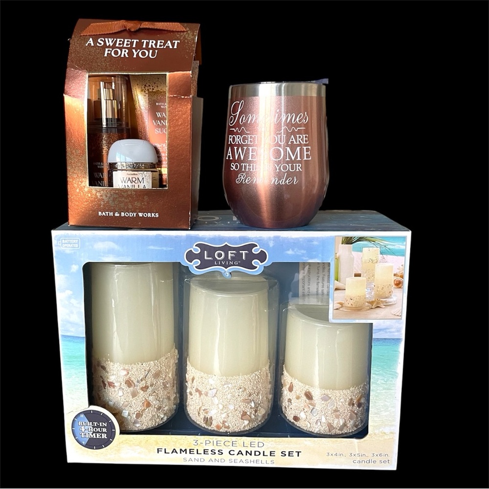 Bundle: Flameless Candle Set, Bath & body gift set and a wine cup